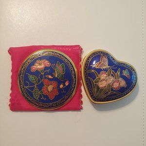 Vintage gold tone and enamel butterfly pillbox and matching mirror.